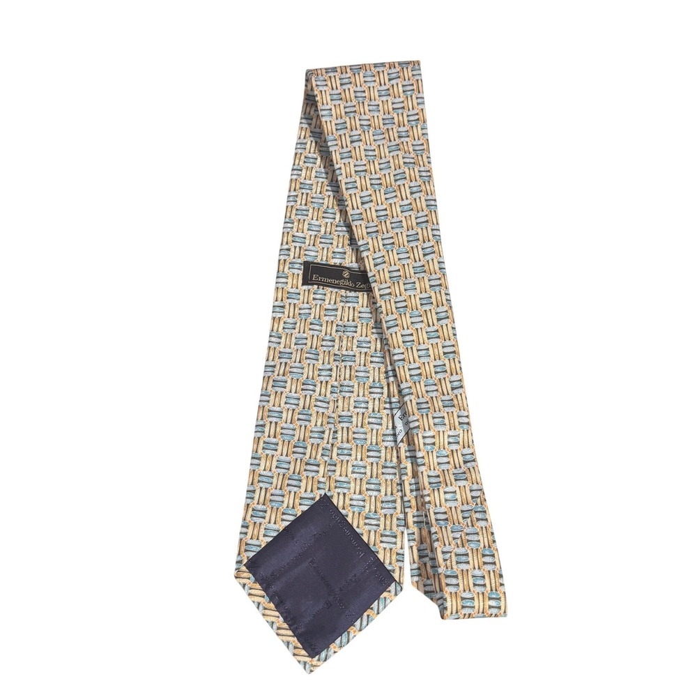 Ermenegildo Zegna Silk Tie Gold Blue Geometric Basketweave Italian Designer Mens